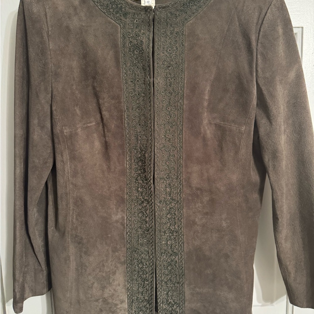 Oscar de la Renta Suede Jacket Olive Green Embroidered Vintage Tunic Coat SZ 12 - Picture 2 of 8